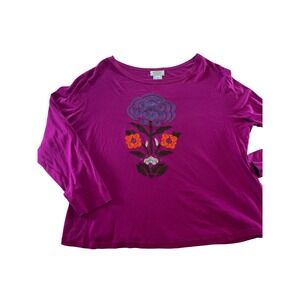 Talbots Women's Pink Long Sleeve Embroidered Floral Crew Neck T Shirt Size 2X